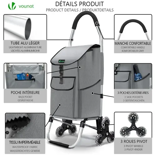 Chariot De Courses Pliable Monte Escalier Aluminium Gris