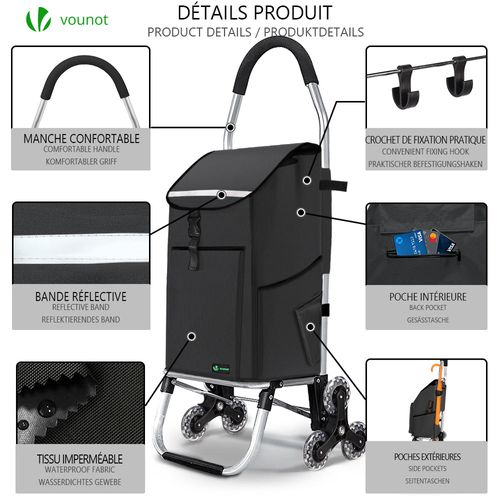 Chariot De Course Pliable Monte Escalier Aluminium Avec Crochets Noir