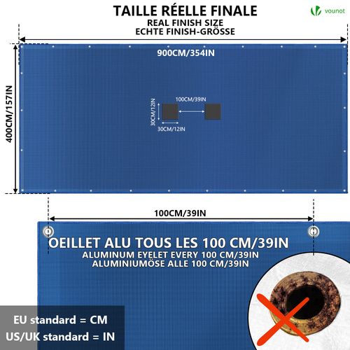 Bache Piscine Rectangulaire Double Couche En Polyethylene 160 Gr/m2 Avec Filet Ecoulement 4x9m Bleue