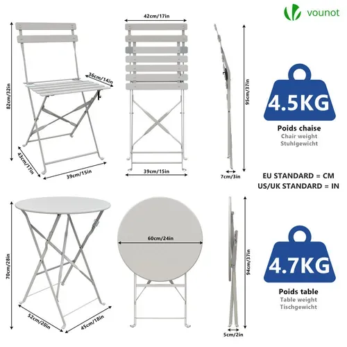Ensemble Bistro Extérieur 1 Table 2 Chaises Acier Blanc