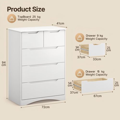 Commode 5 Tiroirs Chiffonnier Blanc 72 X 41 X 94 Cm