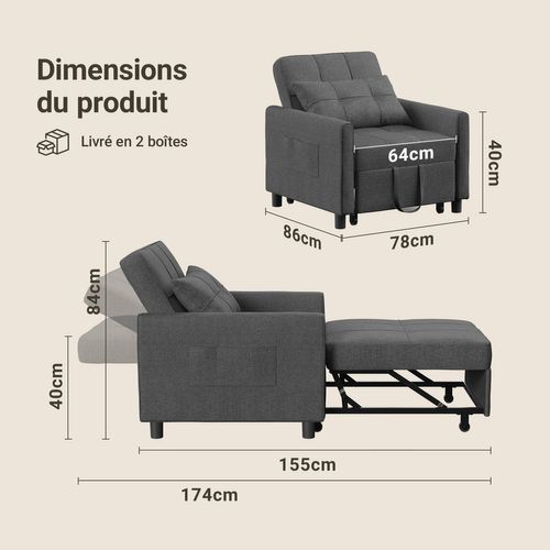 Fauteuil Convertible En Tissu 78x86x84 Cm - Gris Foncé