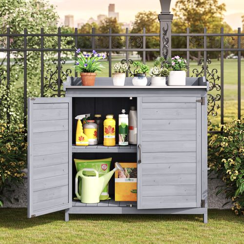 Table De Rempotage Placard De Rangement Extérieur Bois Sapin Table Jardinage Plateau Métal Gris