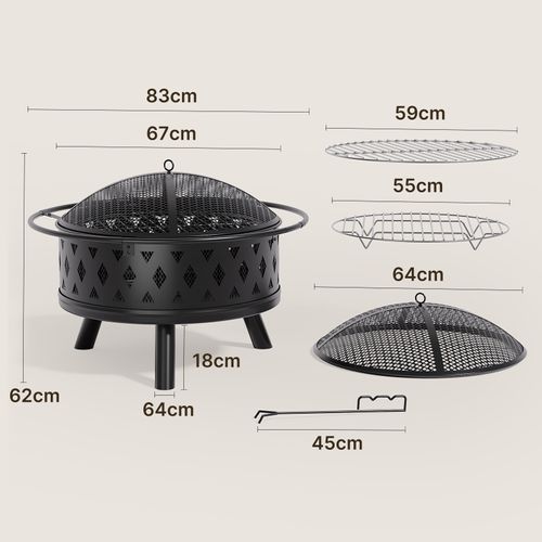 Brasero Extérieur Rond Grille De Protection Pare-étincelles Acier Poêle à Bois Jardin 83 Cm