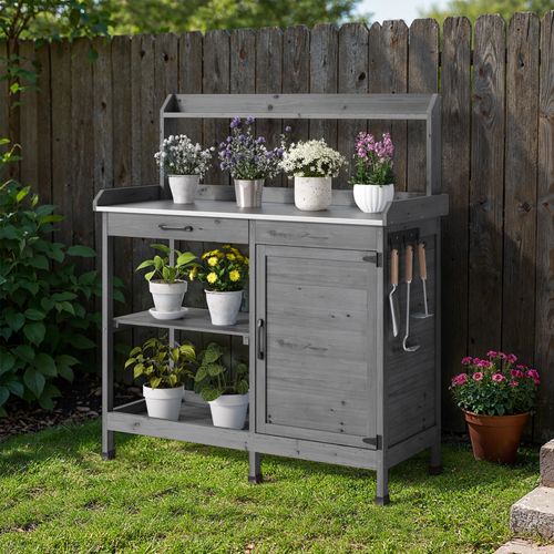 Table De Rempotage Placard De Rangement Extérieur Bois Sapin Table Jardinage Plateau Métal Gris