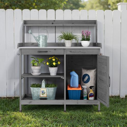 Table De Rempotage Placard De Rangement Extérieur Bois Sapin Table Jardinage Plateau Métal Gris