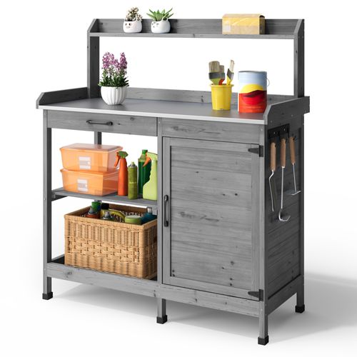 Table De Rempotage Placard De Rangement Extérieur Bois Sapin Table Jardinage Plateau Métal Gris