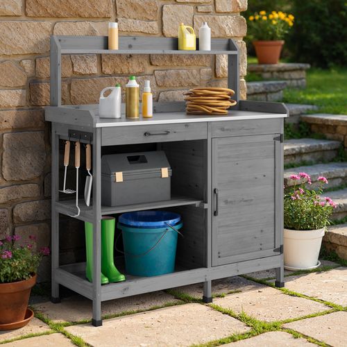 Table De Rempotage Placard De Rangement Extérieur Bois Sapin Table Jardinage Plateau Métal Gris