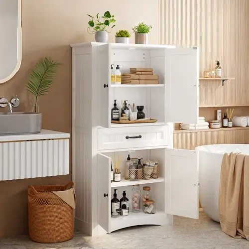 Meuble Rangement Salle De Bain Modulable Armoire 130cm 2 Portes 1 Tiroir Étagères Réglables Blanc