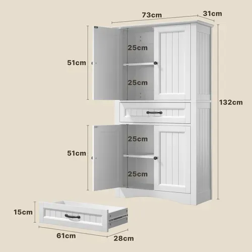 Meuble Rangement Salle De Bain Modulable Armoire 130cm 2 Portes 1 Tiroir Étagères Réglables Blanc