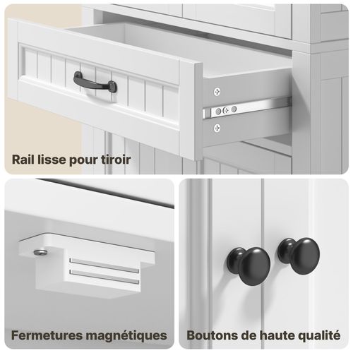 Meuble Rangement Salle De Bain Modulable Armoire 130cm 2 Portes 1 Tiroir Étagères Réglables Blanc