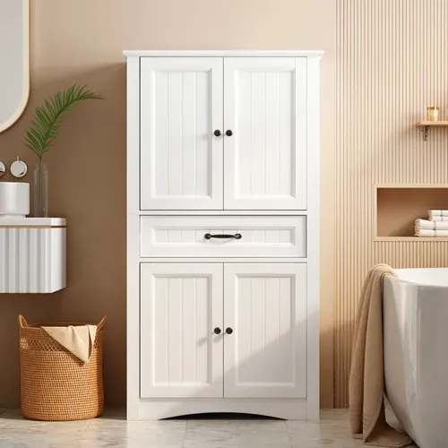Meuble Rangement Salle De Bain Modulable Armoire 130cm 2 Portes 1 Tiroir Étagères Réglables Blanc