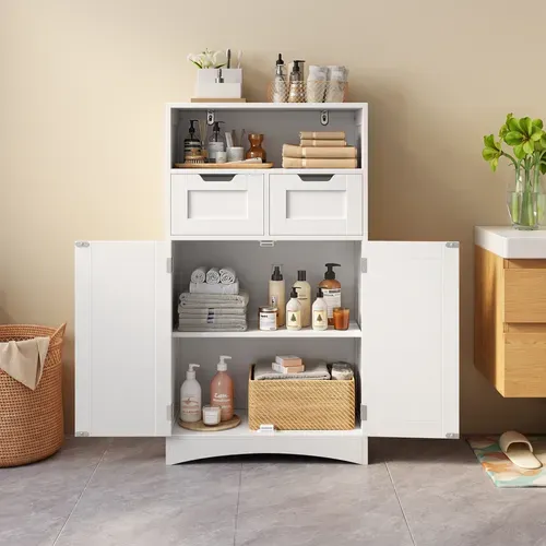 Meuble De Rangement Salle De Bain Avec 2 Tiroirs 2 Portes Étagère Réglable 60 X 30 X 108 Cm Blanc