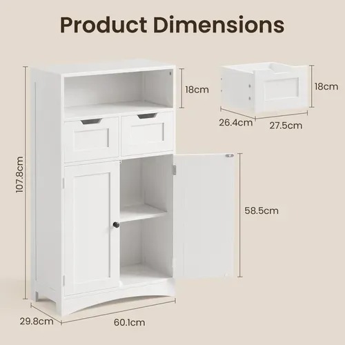 Meuble De Rangement Salle De Bain Avec 2 Tiroirs 2 Portes Étagère Réglable 60 X 30 X 108 Cm Blanc