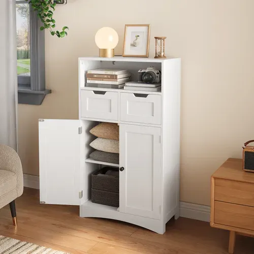 Meuble De Rangement Salle De Bain Avec 2 Tiroirs 2 Portes Étagère Réglable 60 X 30 X 108 Cm Blanc