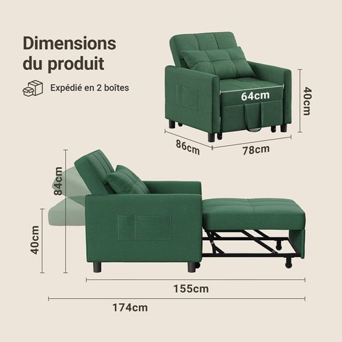 Fauteuil Convertible En Tissu 78x86x84 Cm - Vert
