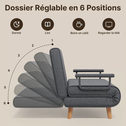 Fauteuil Convertible 2 Place Canapé Lit Modulable Chaise Longue 2 Coussin Réglable