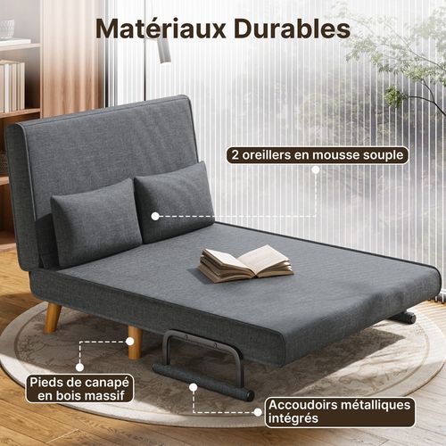 Fauteuil Convertible 2 Place Canapé Lit Modulable Chaise Longue 2 Coussin Réglable