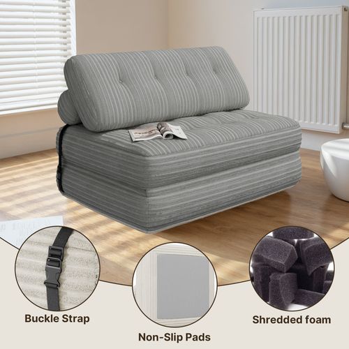 Canapé Convertible Fauteuil Lit 2 Place Dossier Gris Clair Velours Côtelé Longue Coussin 130x90cm