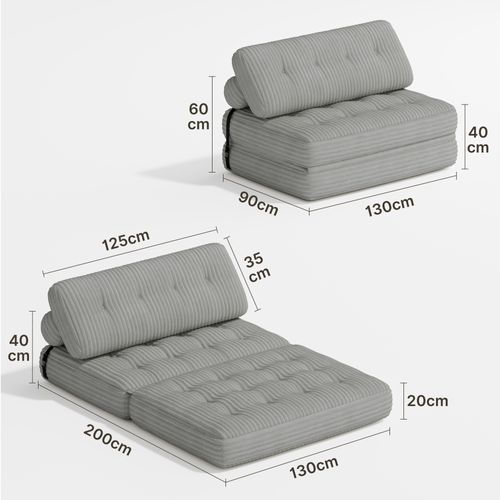 Canapé Convertible Fauteuil Lit 2 Place Dossier Gris Clair Velours Côtelé Longue Coussin 130x90cm