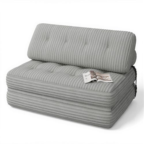Canapé Convertible Fauteuil Lit 2 Place Dossier Gris Clair Velours Côtelé Longue Coussin 130x90cm