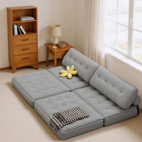 Canapé Convertible Fauteuil Lit 2 Place Dossier Gris Clair Velours Côtelé Longue Coussin 130x90cm