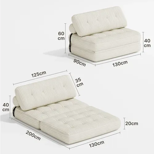 Canapé Convertible Fauteuil Lit 2 Place Dossier Blanc Velours Côtelé Longue Coussin 130x90cm