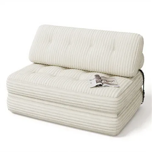 Canapé Convertible Fauteuil Lit 2 Place Dossier Blanc Velours Côtelé Longue Coussin 130x90cm