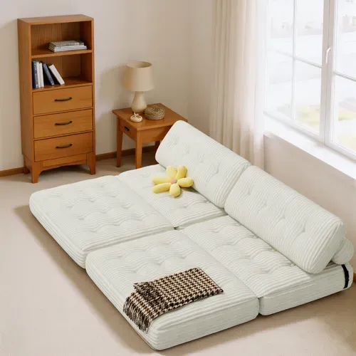 Canapé Convertible Fauteuil Lit 2 Place Dossier Blanc Velours Côtelé Longue Coussin 130x90cm
