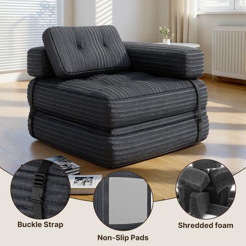 Canapé Convertible Fauteuil Lit 1 Place En L Gris Foncé Velours Côtelé Longue Coussin 85 X 85 Cm