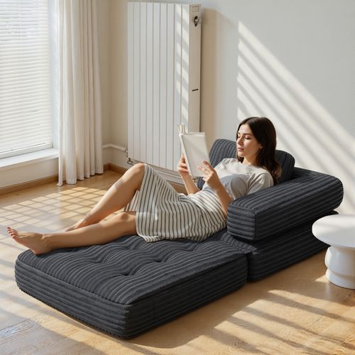 Canapé Convertible Fauteuil Lit 1 Place En L Gris Foncé Velours Côtelé Longue Coussin 85 X 85 Cm