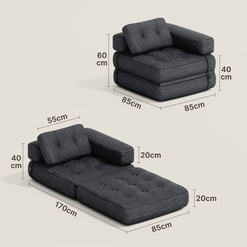 Canapé Convertible Fauteuil Lit 1 Place En L Gris Foncé Velours Côtelé Longue Coussin 85 X 85 Cm