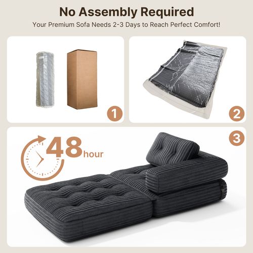 Canapé Convertible Fauteuil Lit 1 Place En L Gris Foncé Velours Côtelé Longue Coussin 85 X 85 Cm