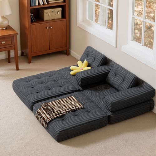 Canapé Convertible Fauteuil Lit 1 Place En L Gris Foncé Velours Côtelé Longue Coussin 85 X 85 Cm