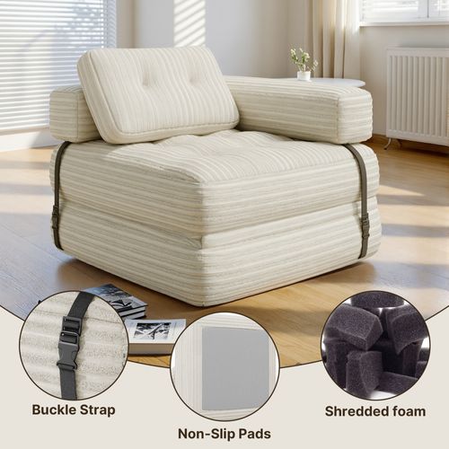 Canapé Convertible Fauteuil Lit 1 Place En L Blanc Velours Côtelé Longue Coussin 85 X 85 Cm