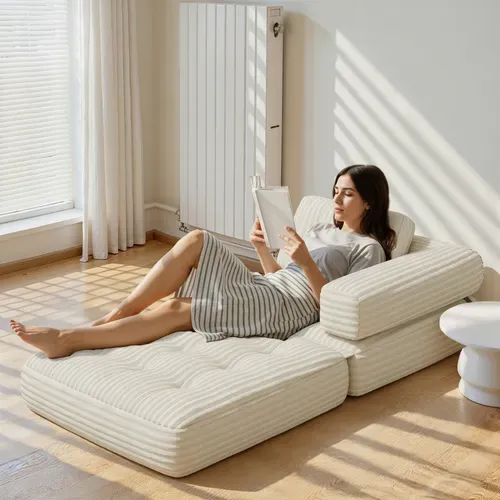 Canapé Convertible Fauteuil Lit 1 Place En L Blanc Velours Côtelé Longue Coussin 85 X 85 Cm
