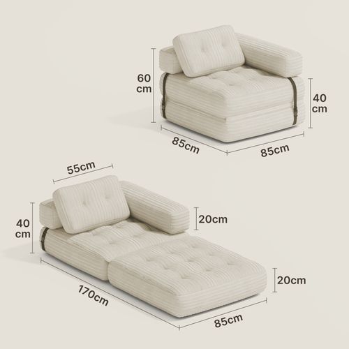 Canapé Convertible Fauteuil Lit 1 Place En L Blanc Velours Côtelé Longue Coussin 85 X 85 Cm