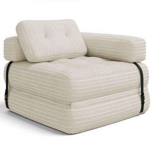 Canapé Convertible Fauteuil Lit 1 Place En L Blanc Velours Côtelé Longue Coussin 85 X 85 Cm
