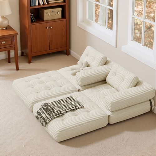 Canapé Convertible Fauteuil Lit 1 Place En L Blanc Velours Côtelé Longue Coussin 85 X 85 Cm