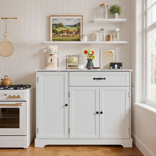 Buffet De Cuisine 3 Portes 1 Tiroir 105 X 40 X 84.5 Cm Blanc