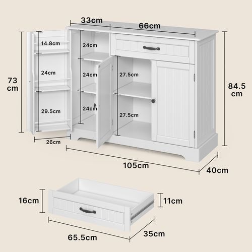 Buffet De Cuisine 3 Portes 1 Tiroir 105 X 40 X 84.5 Cm Blanc