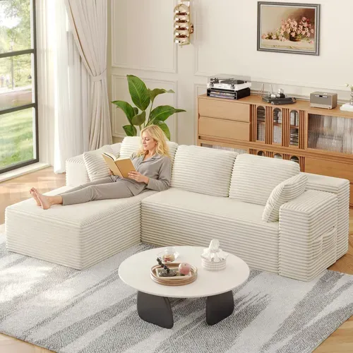 Canapé D'angle 3 Places Avec Méridienne Sans Installation Velours Côtelé Beige 250x160x60cm