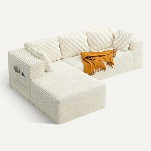 Canapé D'angle 3 Places Avec Méridienne Sans Installation Velours Côtelé Beige 250x160x60cm