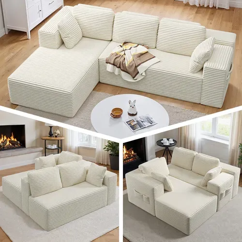 Canapé D'angle 3 Places Avec Méridienne Sans Installation Velours Côtelé Beige 250x160x60cm