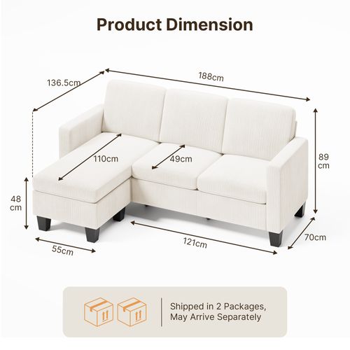 Canapé D’angle 3 Places Velours Côtelé Beige