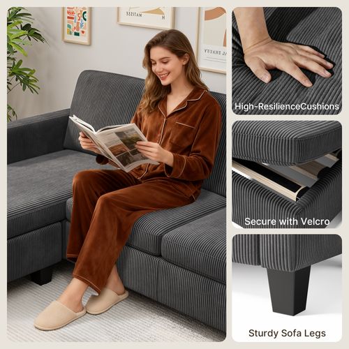 Canapé D’angle 3 Places Canapé Modulable Velours Côtelé Gris Foncé