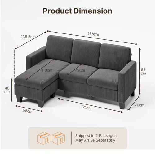 Canapé D’angle 3 Places Canapé Modulable Velours Côtelé Gris Foncé