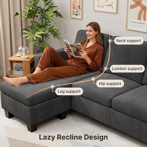 Canapé D’angle 3 Places Canapé Modulable Velours Côtelé Gris Foncé