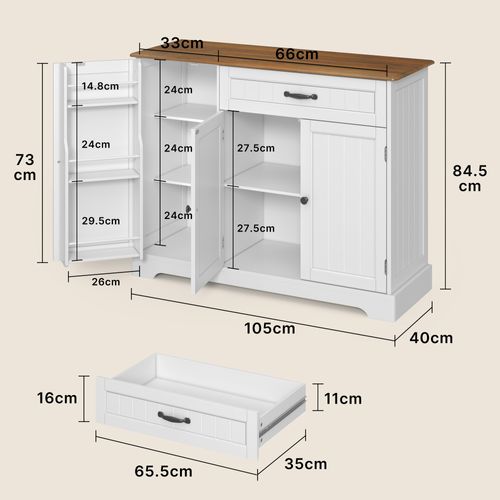 Buffet De Cuisine 3 Portes 1 Tiroir 105 X 40 X 84.5 Cm - Blanc