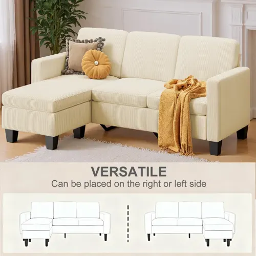 Canapé d'Angle Modulable 3 Places  Velours Côtelé Crème Avec Méridiennepour Petit Espace